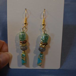 Natural Gem Stone Handmade Beads Plated Gold Earrings (2.5")